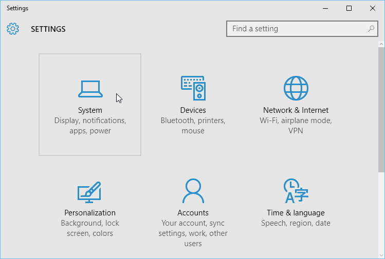 opening the System settings