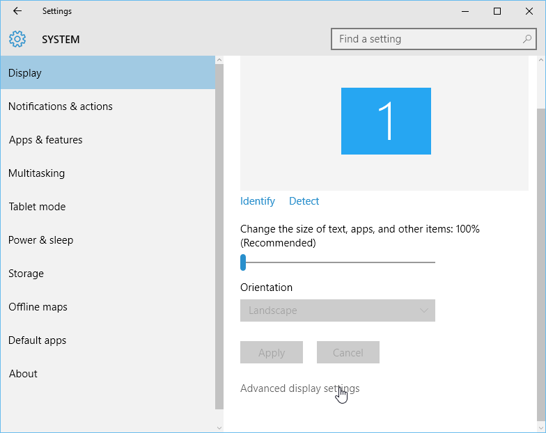 opening the Advanced display settings