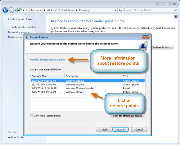 Choosing a restore point