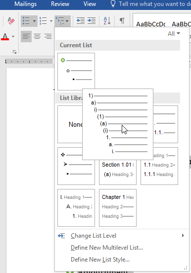 Formatting a multilevel list