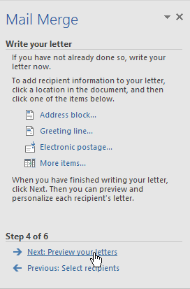 completing step 4 of the mail merge