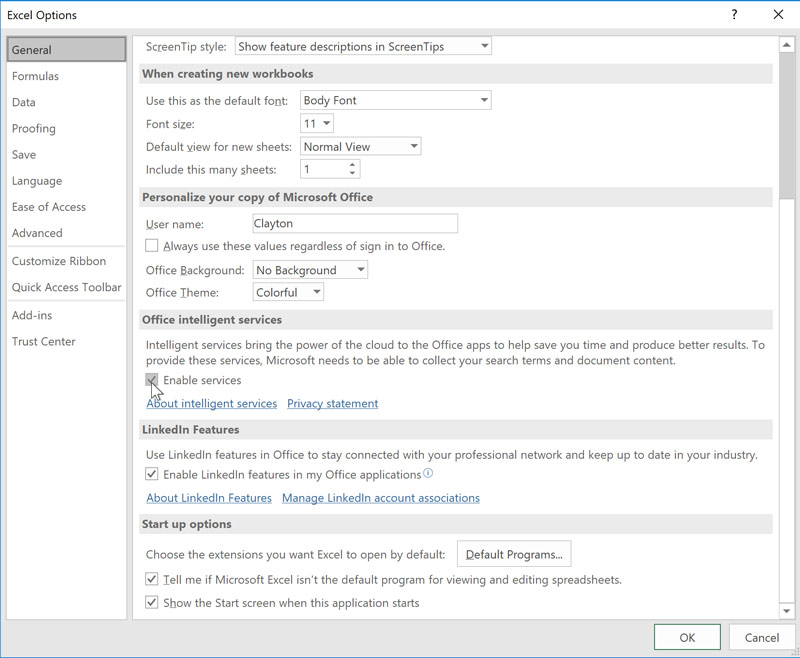 A cursor clicking on a checkbox that enables Office Intelligent Services.