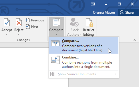 clicking the Compare command on the Review tab