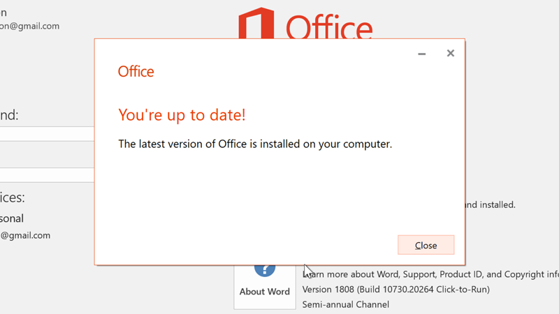 An Office pop-up window that reads "You're up to date!"