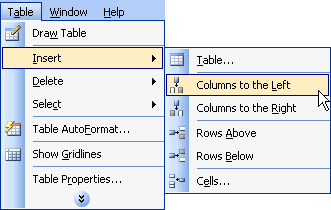 Insert Columns Menu