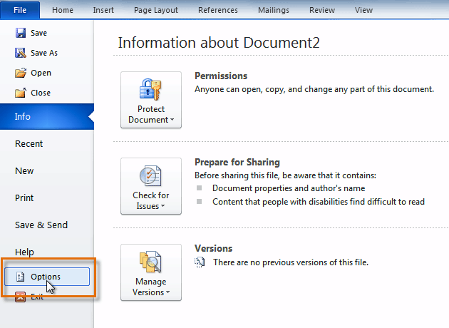 Clicking the Options command