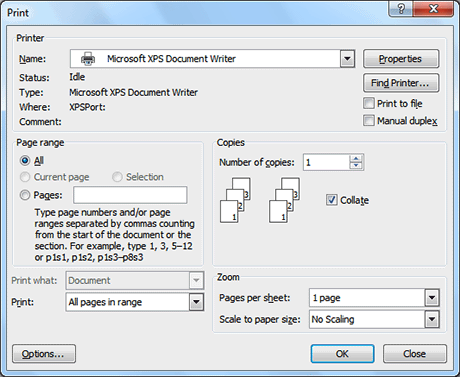 The Print dialog box