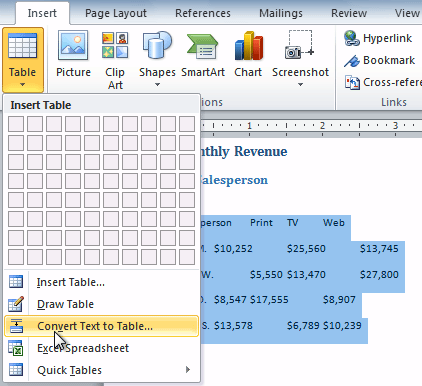 Converting text to a table