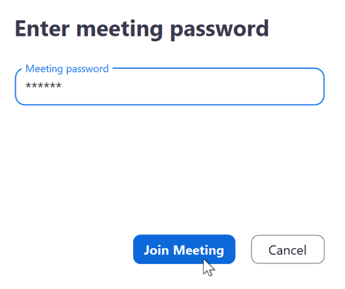 A screenshot of the meeting password box in the Zoom app.