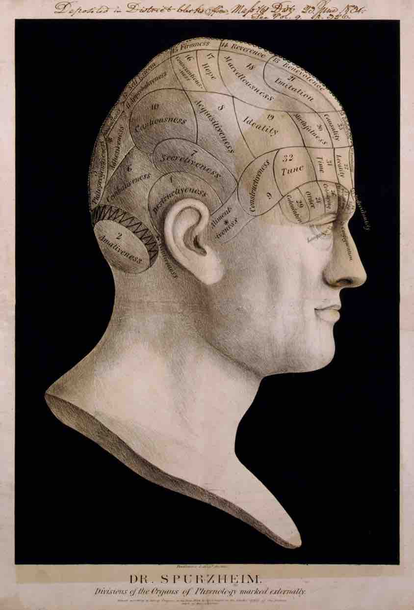 Phrenology: Dr. Spurzheim's divisions of the organs of phrenology marked externally