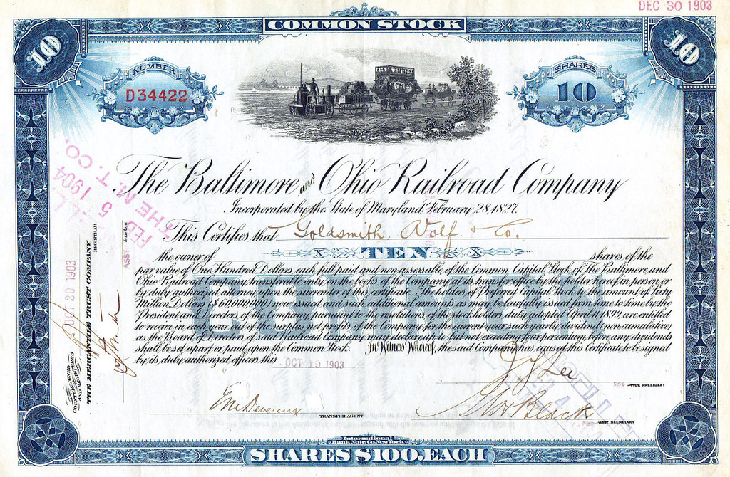 1903 stock certificate of the Baltimore and Ohio Railroad