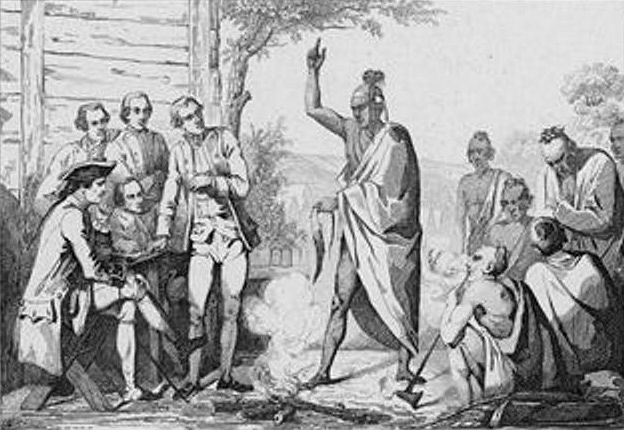 Conference between the French and American Indian leaders around a ceremonial fire by Vernier
