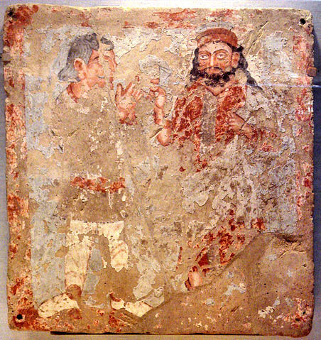 Kushan worshipper with Zeus/Serapis/Ohrmazd, 3rd century CE