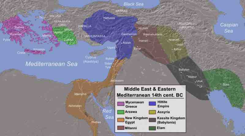 Map of the Ancient Near East during the 14th century BCE, showing the great powers of the day