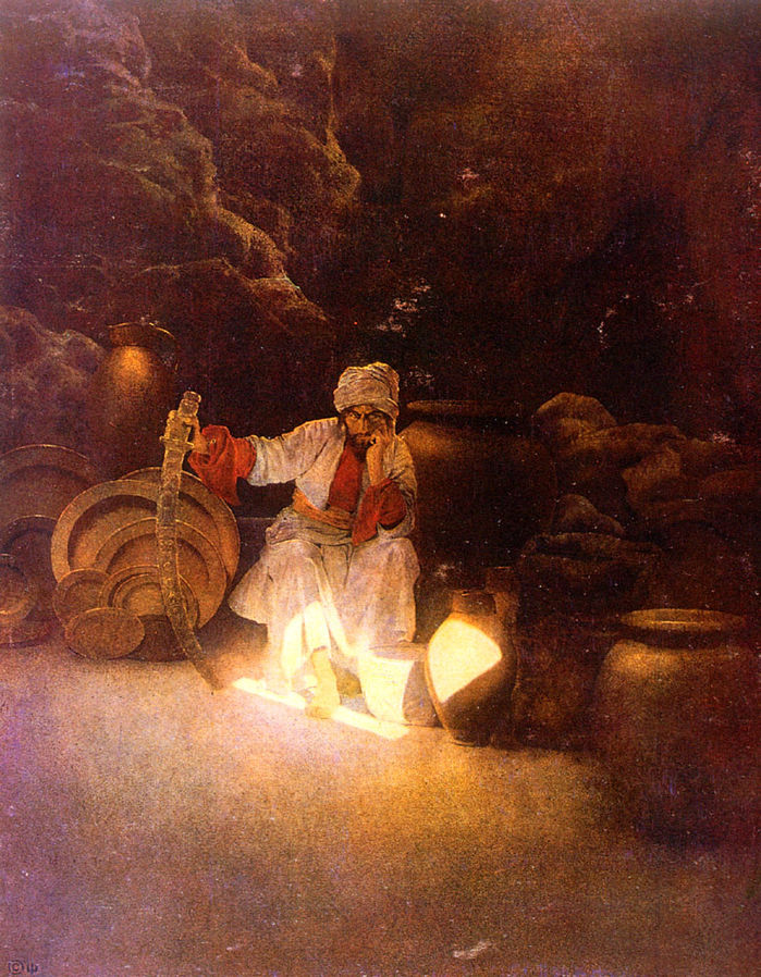 Painting of the Ali Baba story in <em>The Book of One Thousand and One Nights</em> by Maxfield Parrish