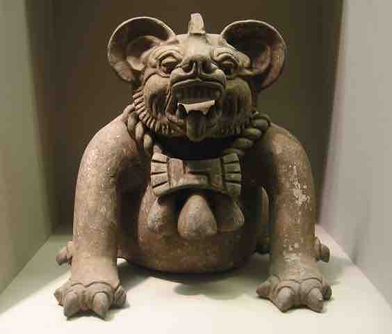 A funerary urn in the shape of a "bat god" or a jaguar