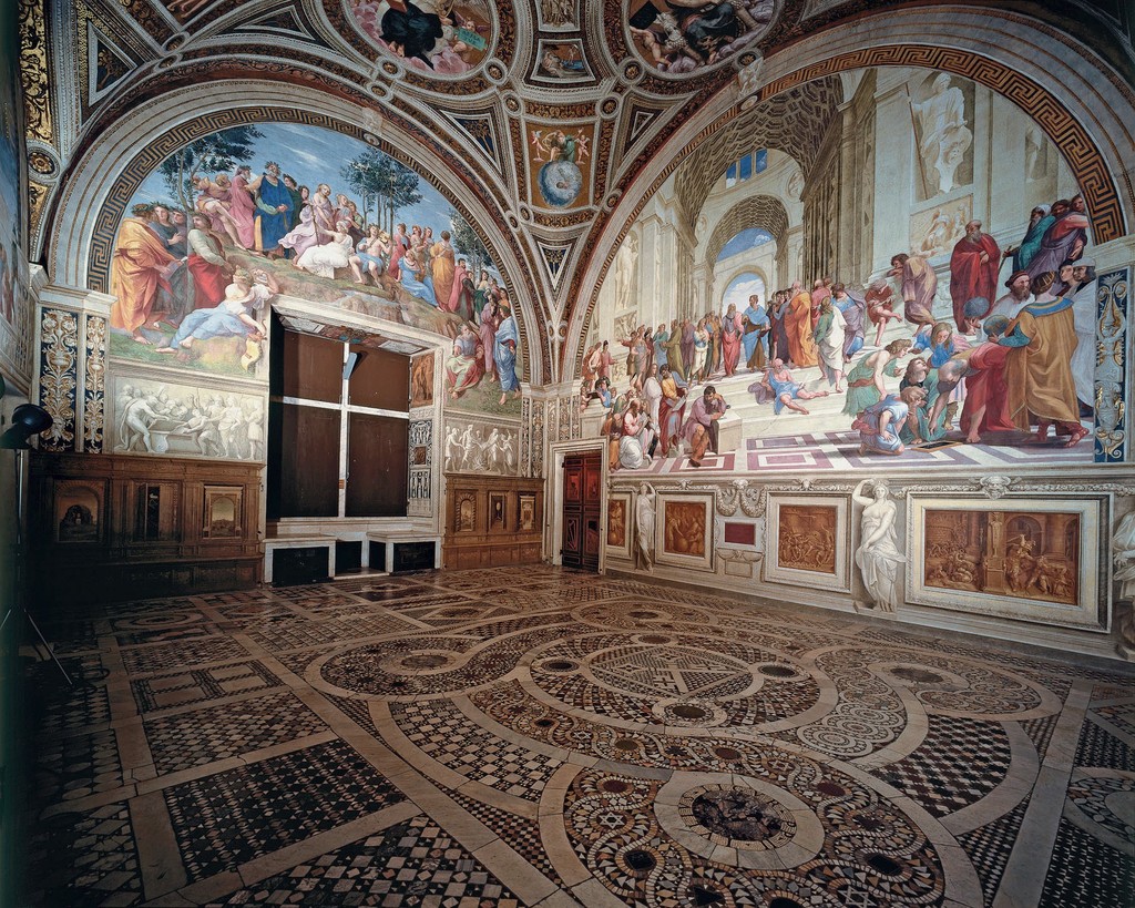View of the Stanze della Segnatura, frescoes painted by Raphael. 