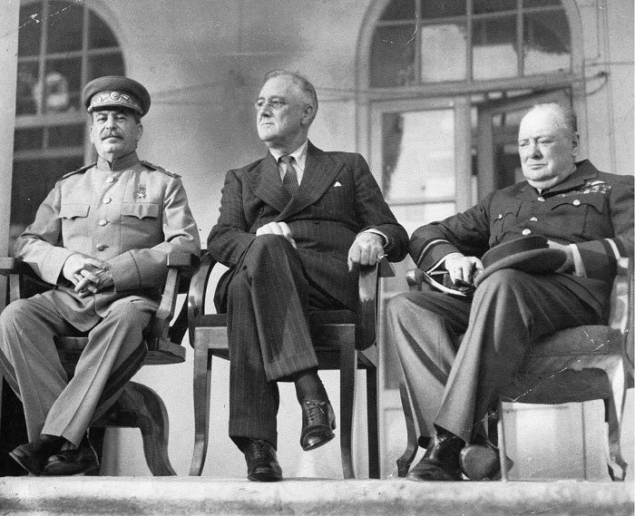 
The Allied leaders of the European theater: Joseph Stalin, Franklin D. Roosevelt and Winston Churchill meeting at the Tehran Conference in 1943.