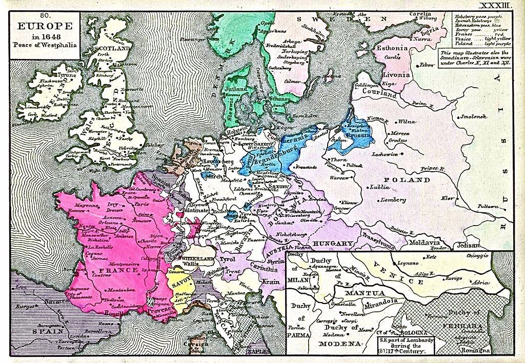 
Historical map of Europe after the Peace of Westphalia. From "An Historical Atlas Containing a Chronological Series of One Hundred and Four Maps, at Successive Periods, from the Dawn of History to the Present Day" by Robert H. Labberton, 1884.

