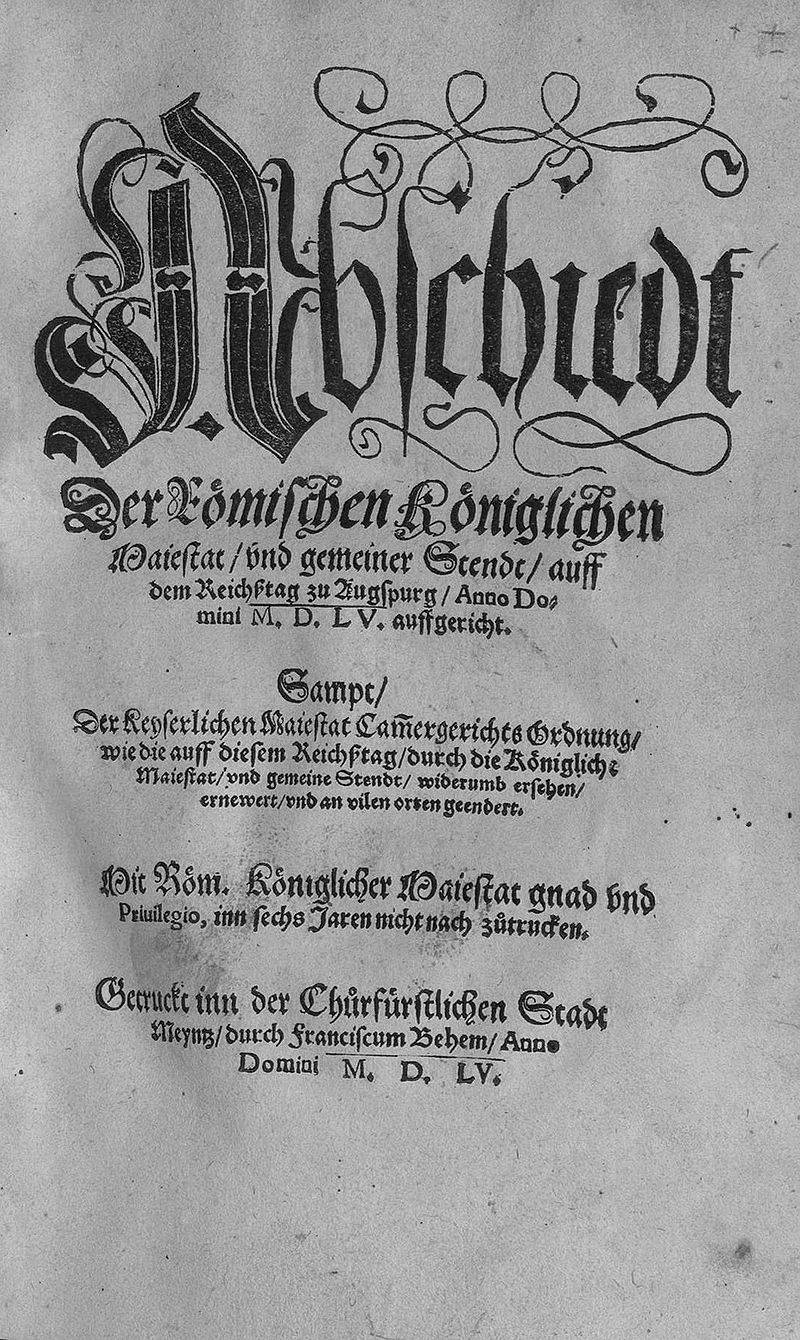 
Front page of the Peace of Augsburg, 1555.