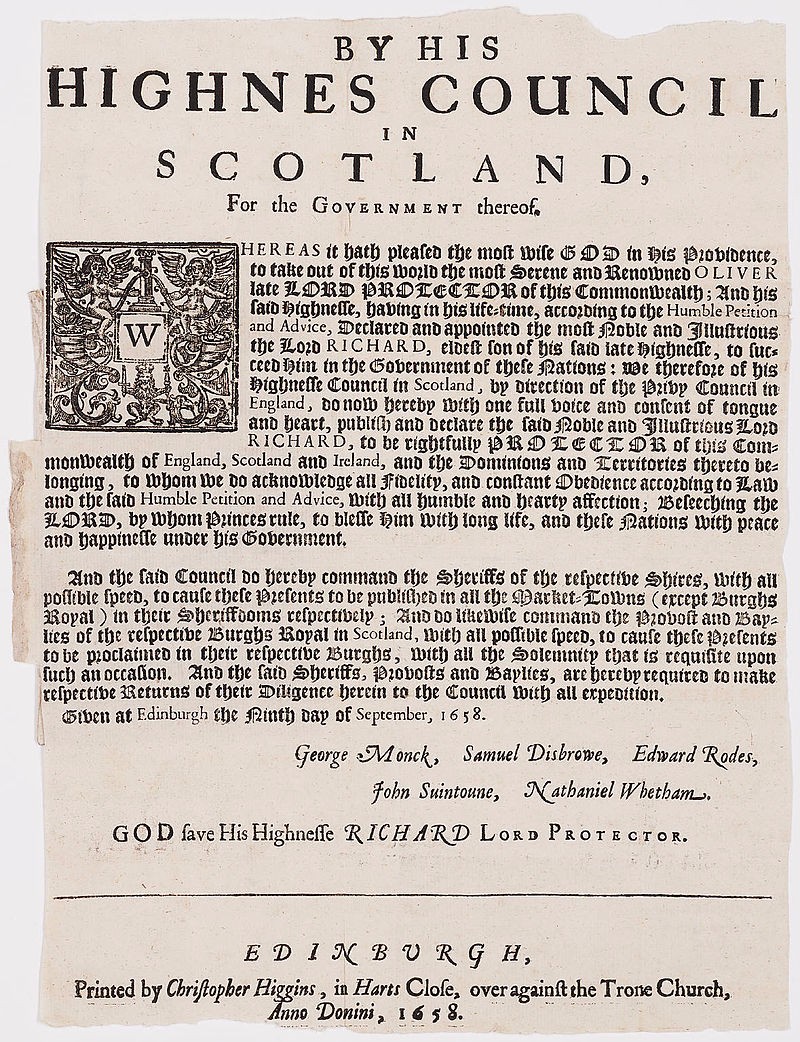 
Proclamation announcing the death of Oliver Cromwell and the succession of Richard Cromwell as Lord Protector. Printed in Scotland 1658. Courtesy of the General Collection, Beinecke Rare Book and Manuscript Library, Yale University, New Haven, Connecticut.

