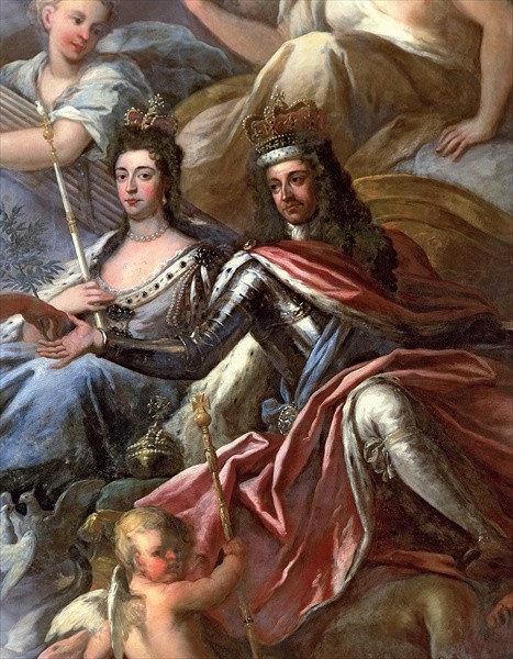 
Detail of William and Mary as portrayed on the ceiling of the Painted Hall of the Greenwich Hospital. Painting: Sir James Thornhill; Photo: James Brittain.  