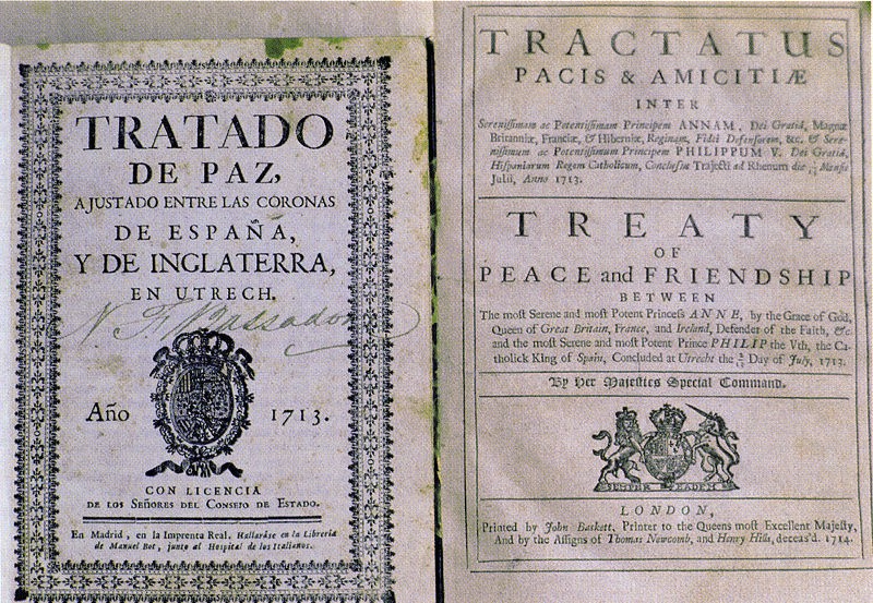 
First edition of the the 1713 Treaty of Utrecht between Great Britain and Spain in Spanish (left) and a later edition in Latin and English.

