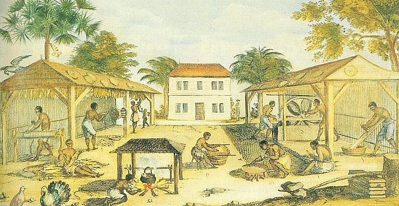 
African slaves working in 17th-century Virginia (tobacco cultivation), by an unknown artist, 1670.

