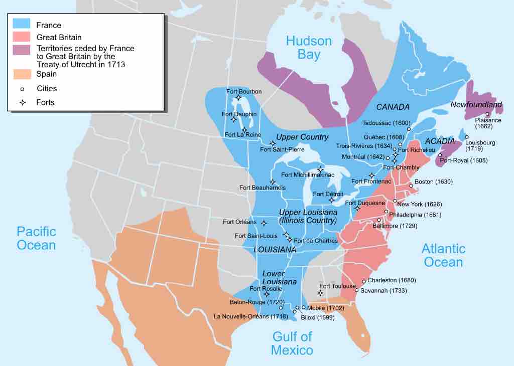 
Map of North America (1750) - France (blue), Britain (pink), and Spain (orange); source: Wikipedia