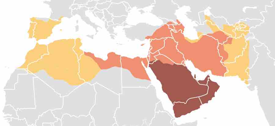 
Age of the Caliphs: [dark purple] Expansion under the Prophet Mohammad, 622-632; [dark pink] Expansion during the Patriarchal Caliphate, 632-661; [dark orange] Expansion during the Umayyad Caliphate, 661-750. 