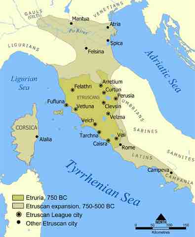 Map of the Etruscan civilization, 750-500 BCE.