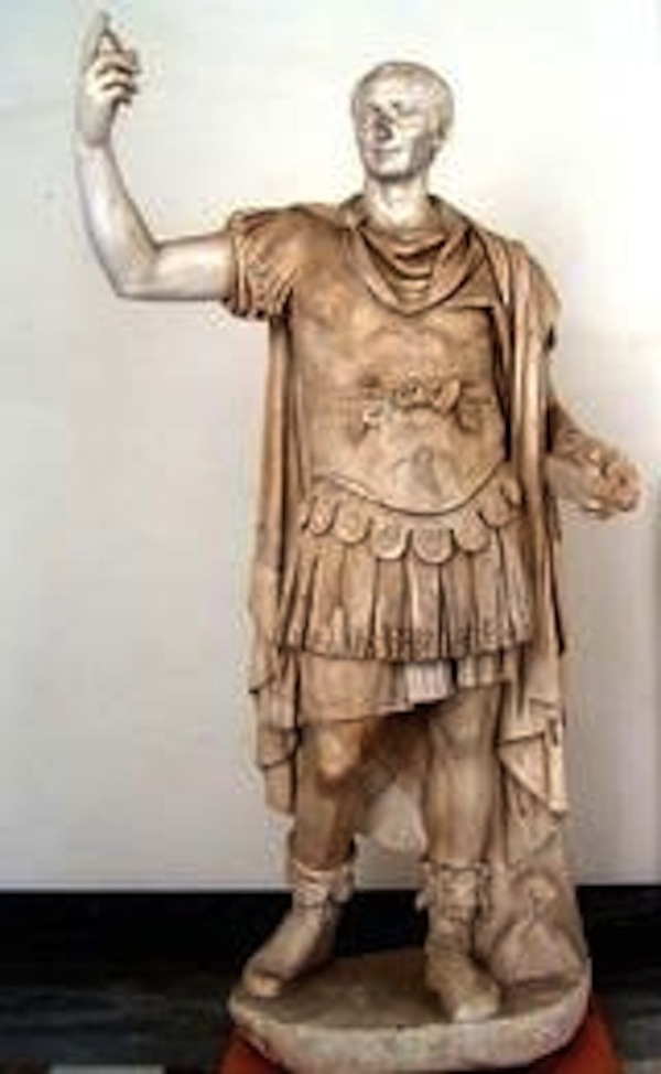 Full-length sculpture of Tiberius in military garb.