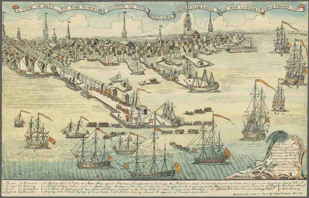 A view of the town of Boston in New England and British ships of war landing their troops in 1768