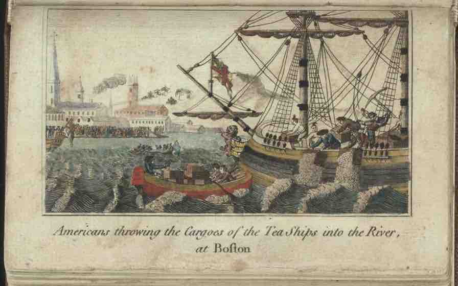 "Americans throwing Cargoes of the Tea Ships into the River, at Boston"