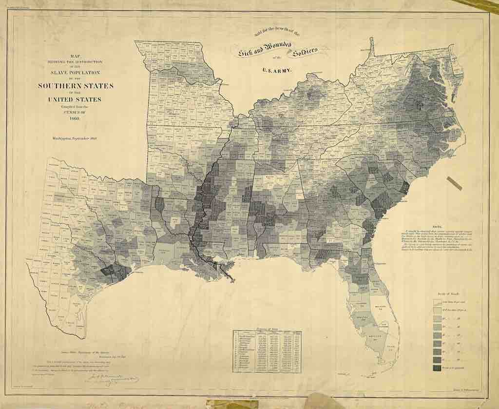 Map showing the distribution of the slave population of the US Southern states.