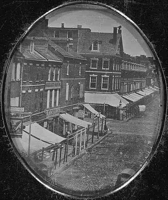 Daguerreotype of Philadelphia, Pennsylvania, at the corner of 8th and Market Streets, 1840