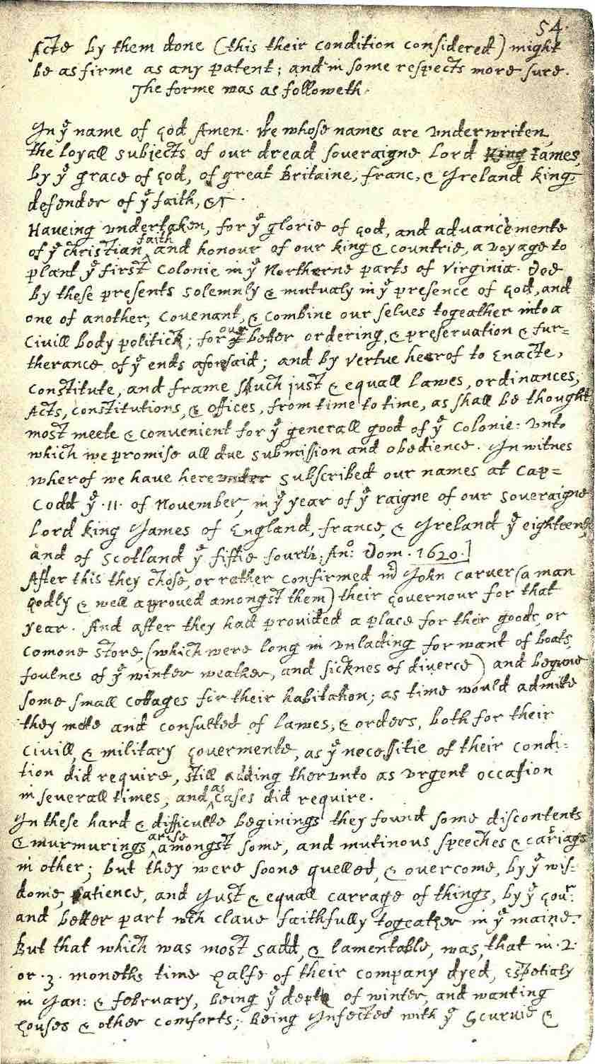 Copy of the text of the Mayflower Compact created by William Bradford ca. 1645