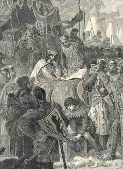John of England signs Magna Carta, published ca. 1902