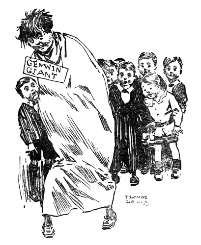 Douglas and Ginger disguised as a giant, with a crowd of other children
watching them.