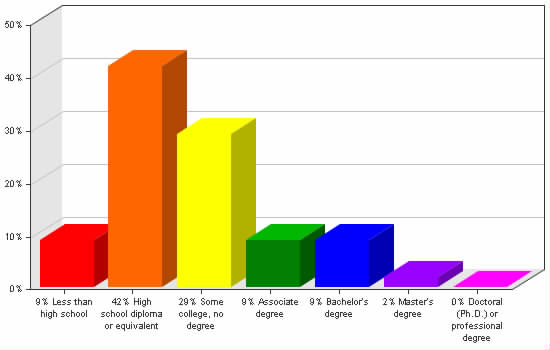 Chart showing education levels: Less than high school 9%; High school diploma or equivalent 42%; Some college, no degree 29%; Associate degree 9%; Bachelor's degree 9%; Master's degree 2%; Doctoral (Ph.D.) or professional degree 0%