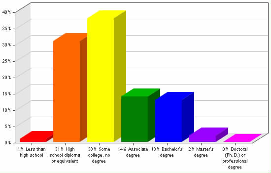 Chart showing education levels: Less than high school 1%; High school diploma or equivalent 31%; Some college, no degree 38%; Associate degree 14%; Bachelor's degree 13%; Master's degree 2%; Doctoral (Ph.D.) or professional degree 0%