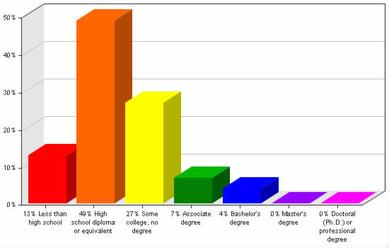 Chart showing education levels: Less than high school 13%; High school diploma or equivalent 49%; Some college, no degree 27%; Associate degree 7%; Bachelor's degree 4%; Master's degree 0%; Doctoral (Ph.D.) or professional degree 0%