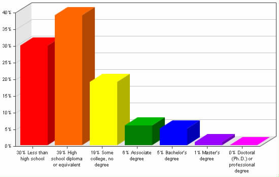 Chart showing education levels: Less than high school 30%; High school diploma or equivalent 39%; Some college, no degree 19%; Associate degree 6%; Bachelor's degree 5%; Master's degree 1%; Doctoral (Ph.D.) or professional degree 0%