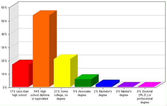 Chart showing education levels: Less than high school 17%; High school diploma or equivalent 54%; Some college, no degree 21%; Associate degree 6%; Bachelor's degree 2%; Master's degree 0%; Doctoral (Ph.D.) or professional degree 0%