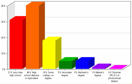 Chart showing education levels: Less than high school 31%; High school diploma or equivalent 40%; Some college, no degree 18%; Associate degree 5%; Bachelor's degree 5%; Master's degree 1%; Doctoral (Ph.D.) or professional degree 0%