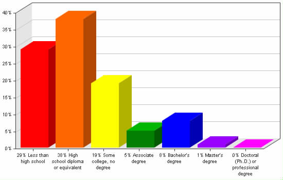 Chart showing education levels: Less than high school 29%; High school diploma or equivalent 38%; Some college, no degree 19%; Associate degree 5%; Bachelor's degree 8%; Master's degree 1%; Doctoral (Ph.D.) or professional degree 0%