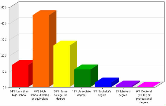 Chart showing education levels: Less than high school 14%; High school diploma or equivalent 45%; Some college, no degree 26%; Associate degree 11%; Bachelor's degree 3%; Master's degree 1%; Doctoral (Ph.D.) or professional degree 0%