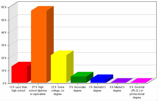 Chart showing education levels: Less than high school 13%; High school diploma or equivalent 57%; Some college, no degree 22%; Associate degree 5%; Bachelor's degree 3%; Master's degree 0%; Doctoral (Ph.D.) or professional degree 0%