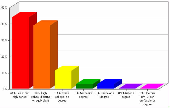 Chart showing education levels: Less than high school 44%; High school diploma or equivalent 39%; Some college, no degree 11%; Associate degree 3%; Bachelor's degree 3%; Master's degree 0%; Doctoral (Ph.D.) or professional degree 0%