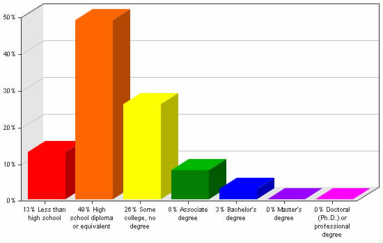 Chart showing education levels: Less than high school 13%; High school diploma or equivalent 49%; Some college, no degree 26%; Associate degree 8%; Bachelor's degree 3%; Master's degree 0%; Doctoral (Ph.D.) or professional degree 0%